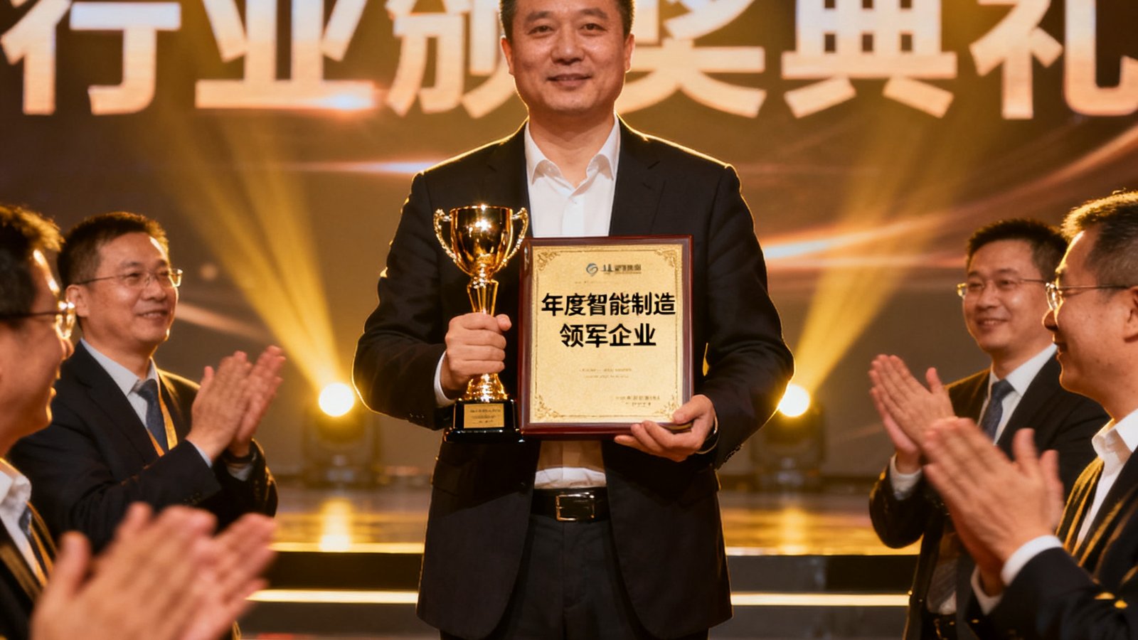 bjl平台集团代表在行业颁奖典礼上捧起年度智能制造领军企业奖杯，舞台灯光璀璨，台下掌声雷动
