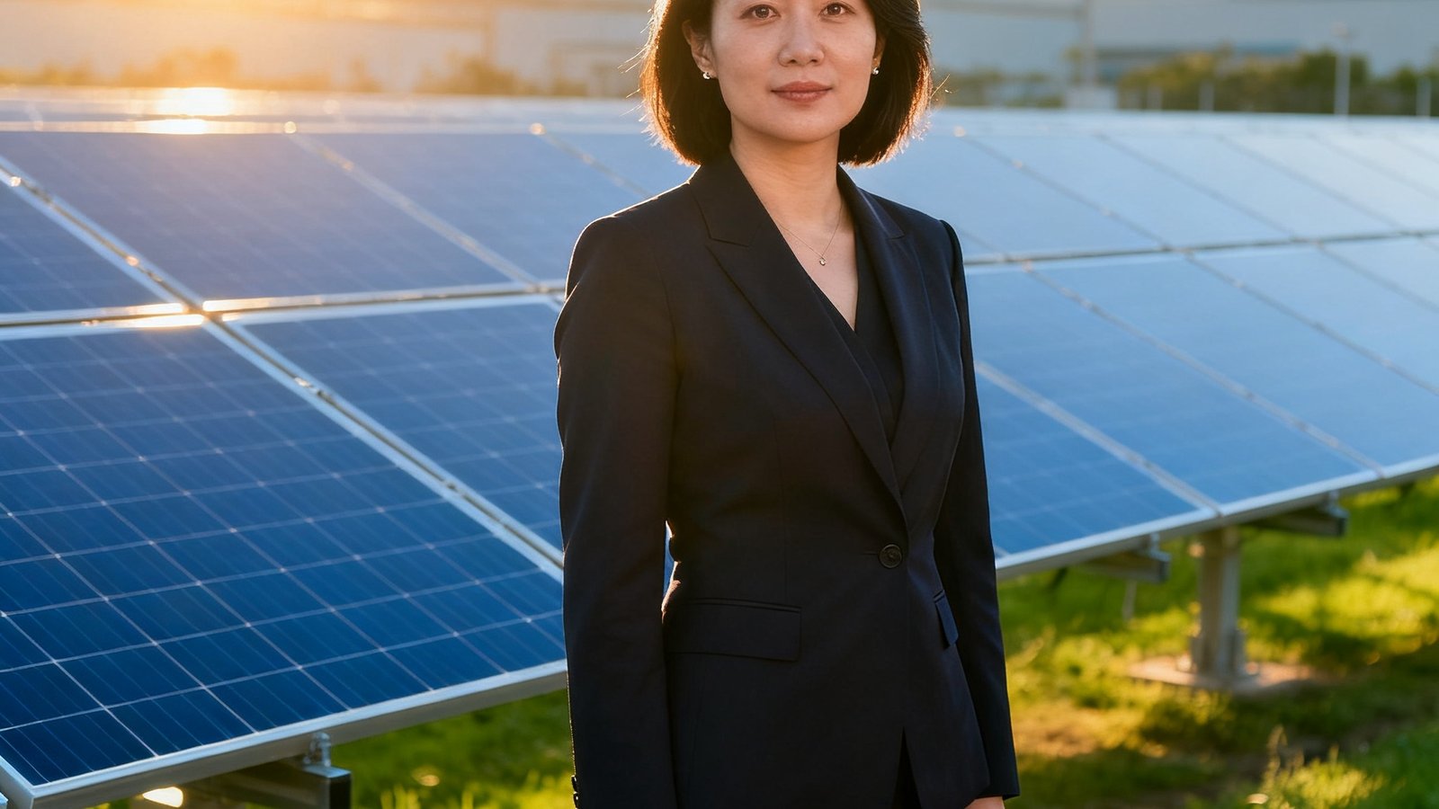 bjl平台集团首席运营官陈雅琳女士的商务肖像，她站在绿色产业园区的光伏面板阵列前，阳光洒落，展现干练气质